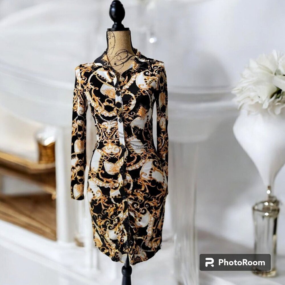 Love J gold and black button up front dress